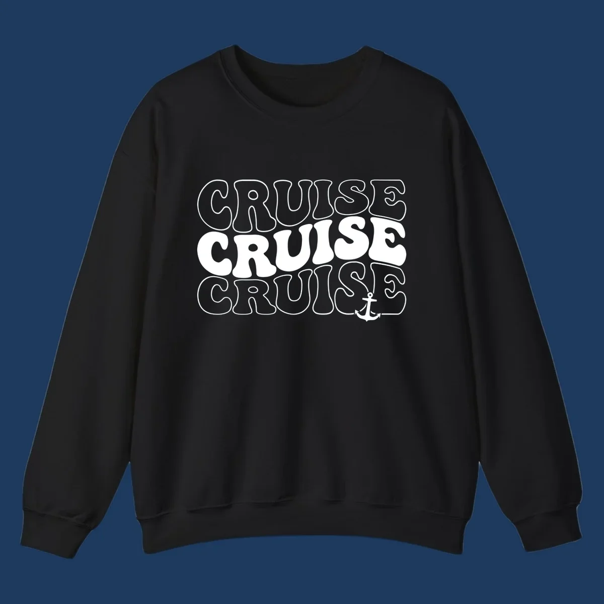 Bold white outlined 'CRUISE' text repeated three times with a white anchor icon on gray background, nautical cruise design.