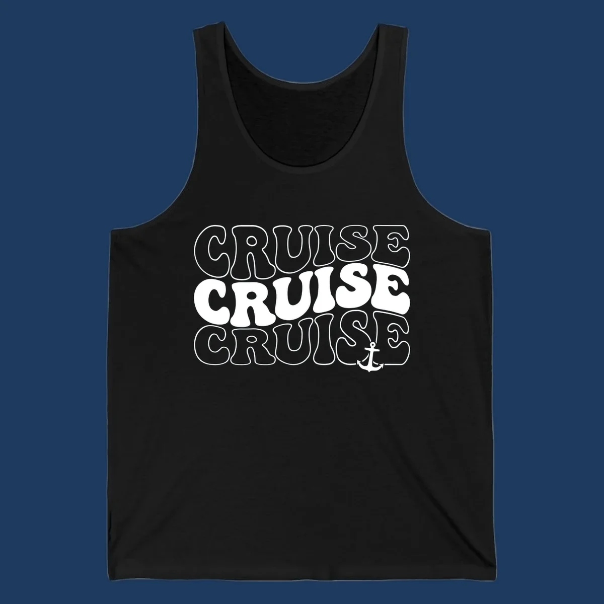 Bold white outlined 'CRUISE' text repeated three times with a white anchor icon on gray background, nautical cruise design.
