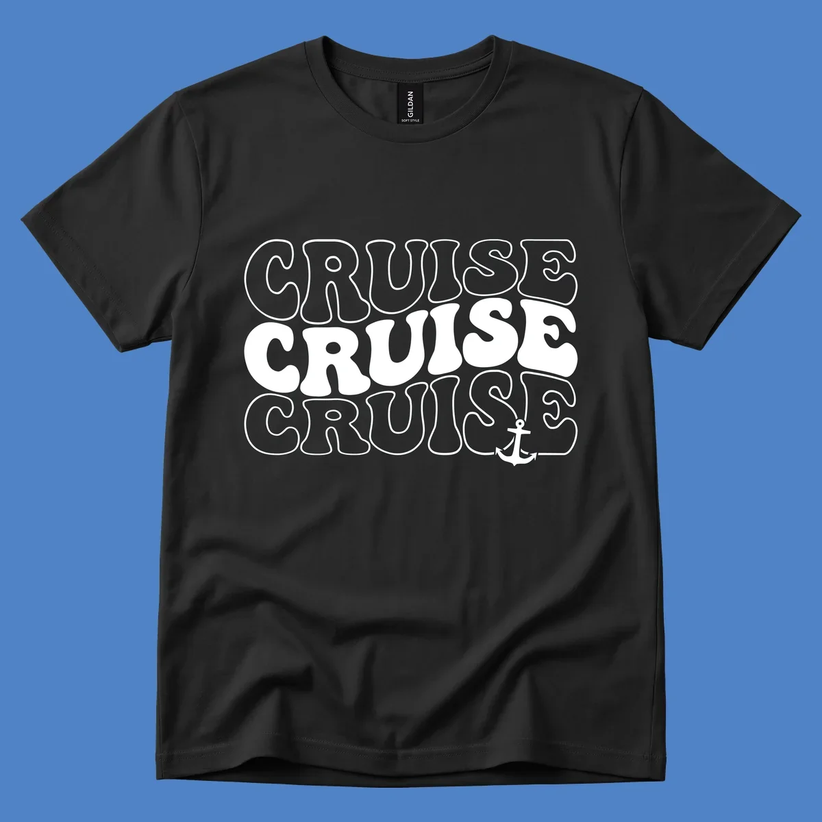 Bold white outlined 'CRUISE' text repeated three times with a white anchor icon on gray background, nautical cruise design.