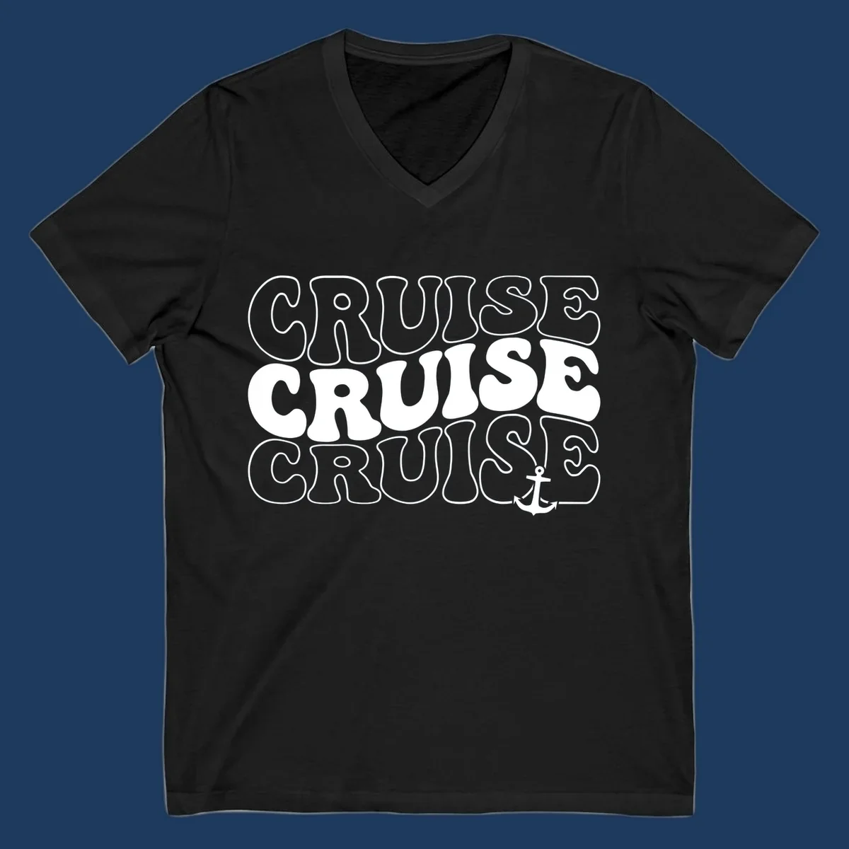 Bold white outlined 'CRUISE' text repeated three times with a white anchor icon on gray background, nautical cruise design.