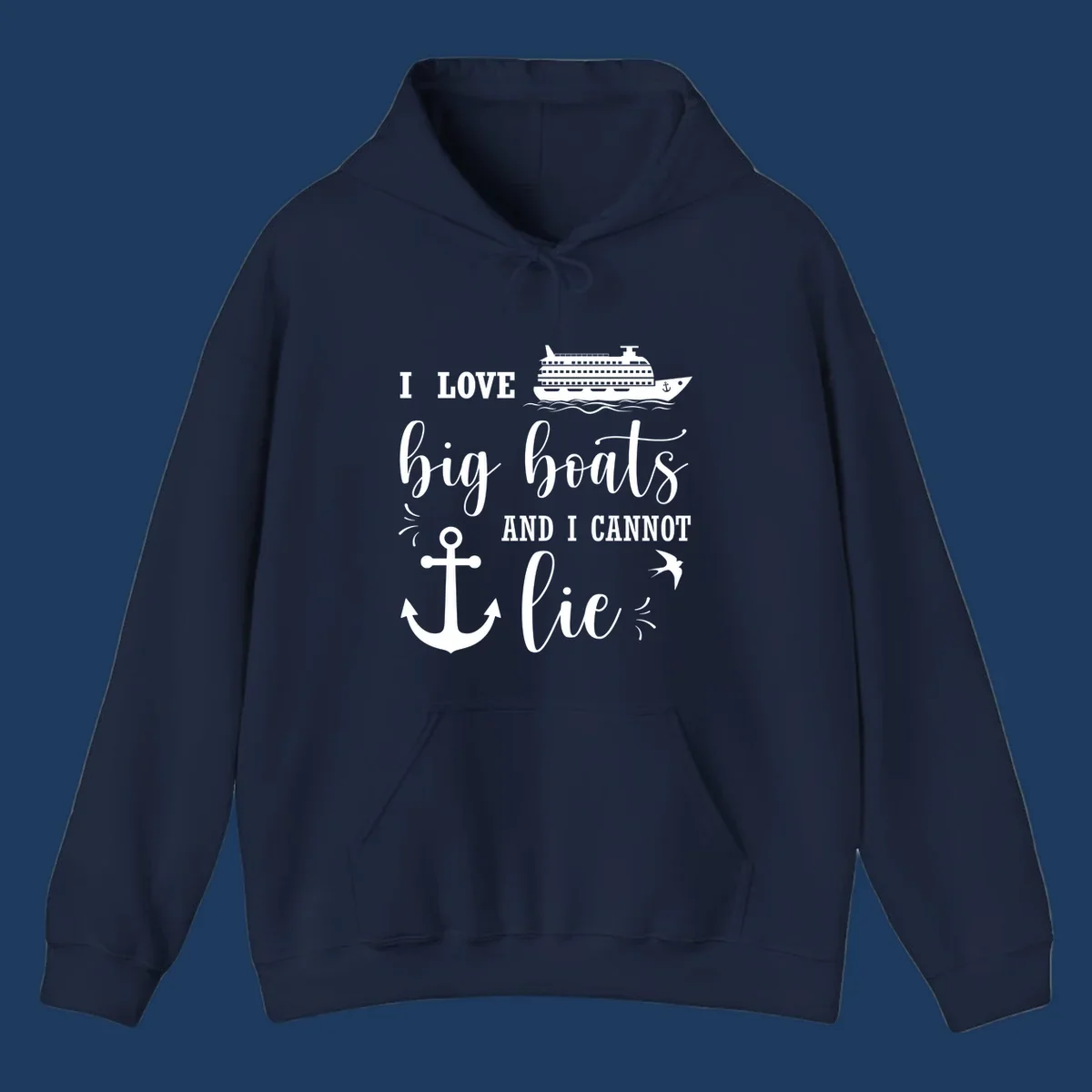 White nautical design with cruise ship, anchor, and waves illustrating 'I LOVE big boats AND I CANNOT lie' on gray background