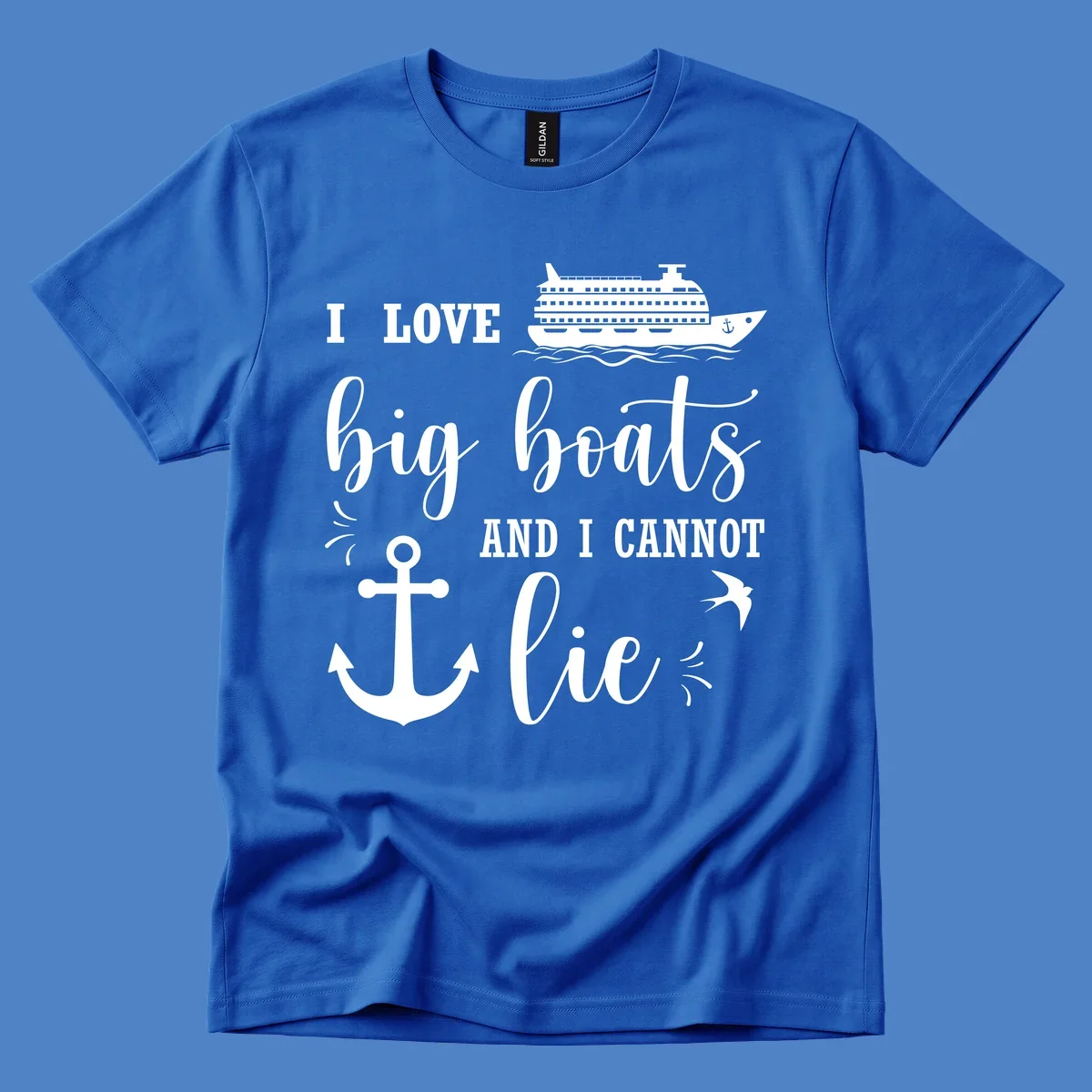 White nautical design with cruise ship, anchor, and waves illustrating 'I LOVE big boats AND I CANNOT lie' on gray background