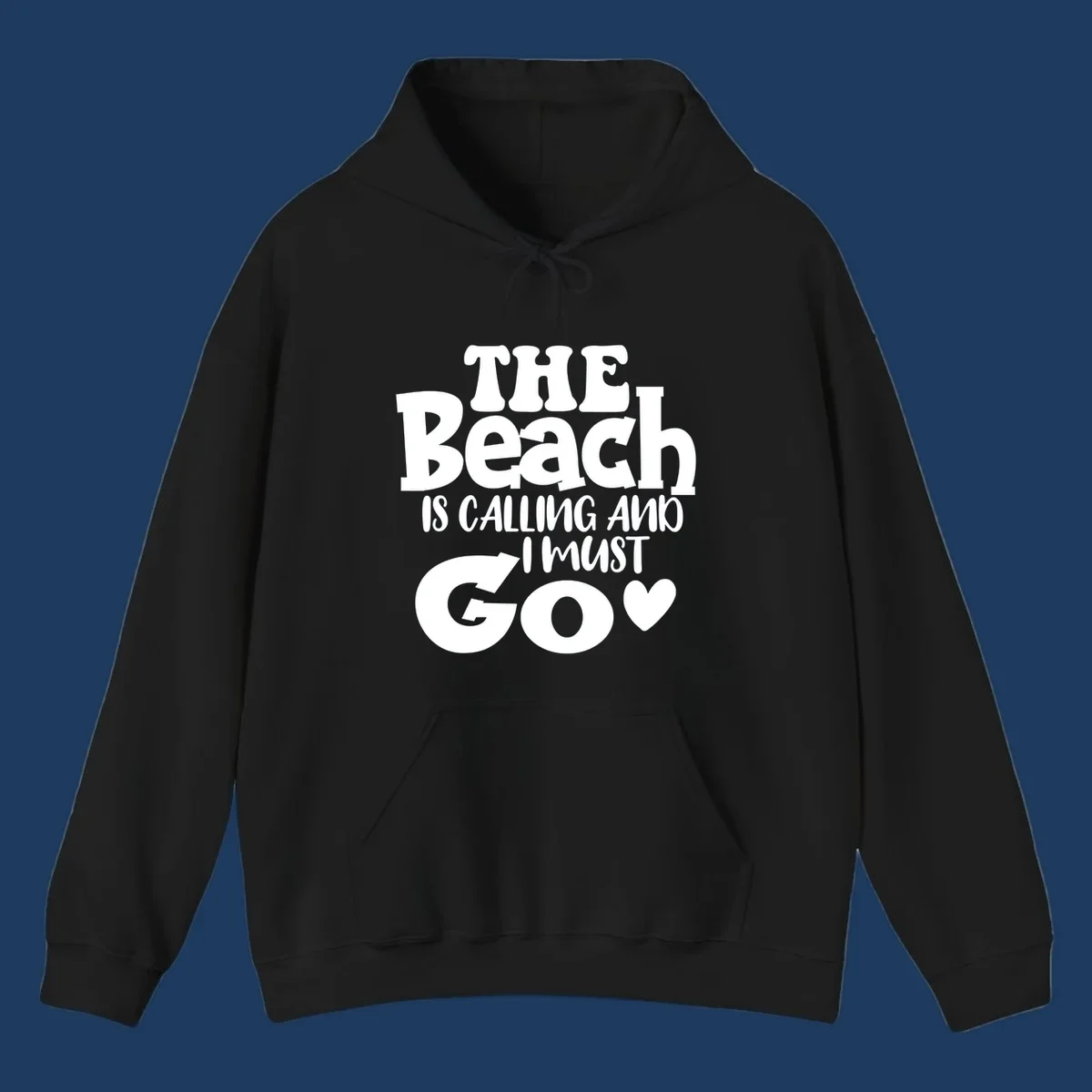 Beach is calling and I must go typography design with heart symbol, white text on gray background