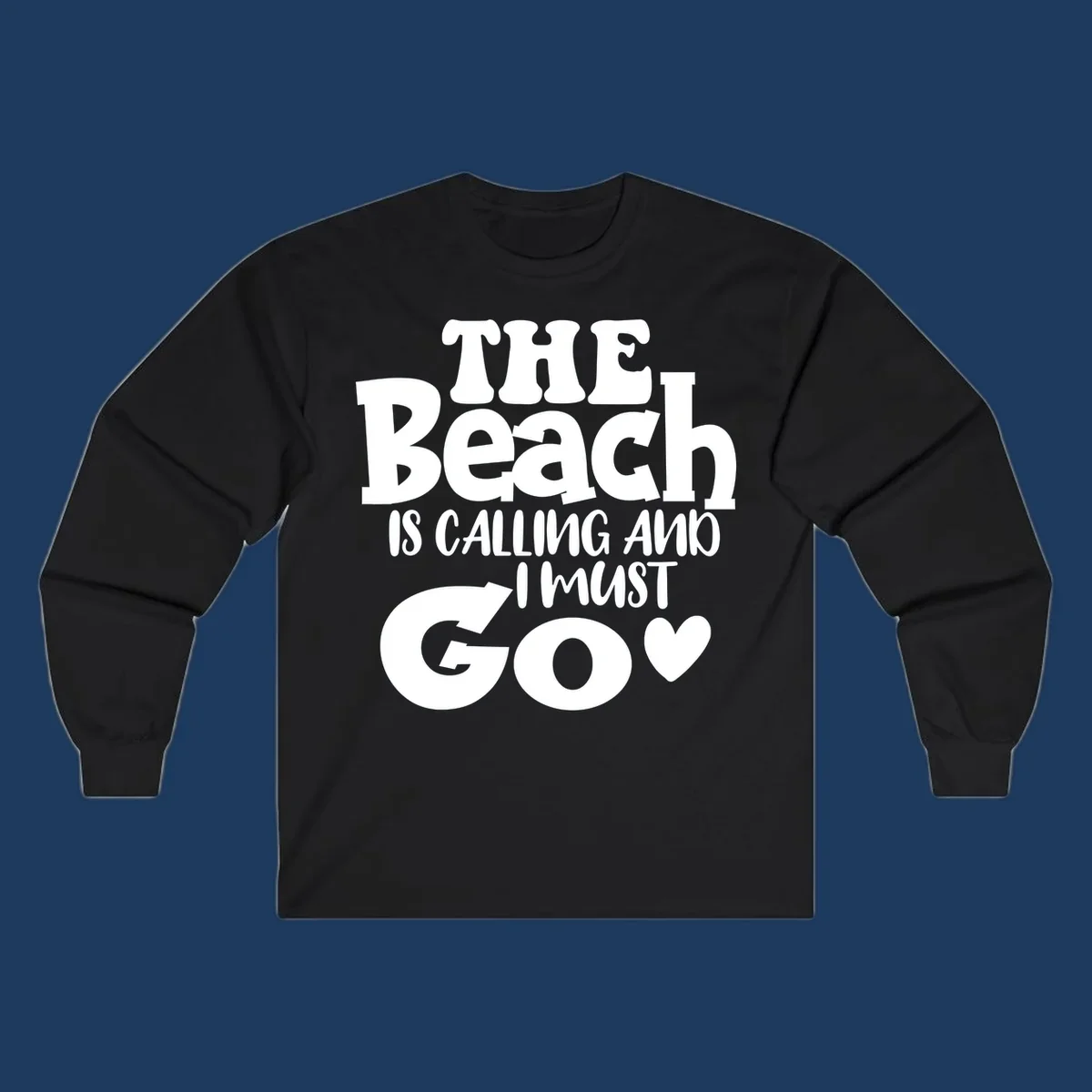 Beach is calling and I must go typography design with heart symbol, white text on gray background