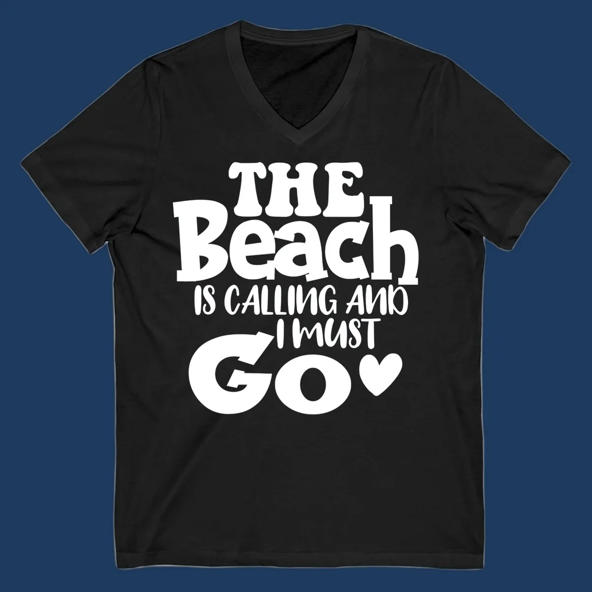 Beach is calling and I must go typography design with heart symbol, white text on gray background