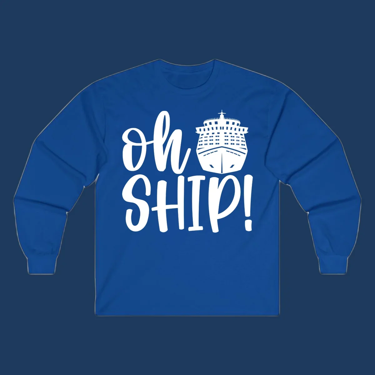 White ow ship cruise pun design featuring bold text and detailed cruise ship illustration on gray background