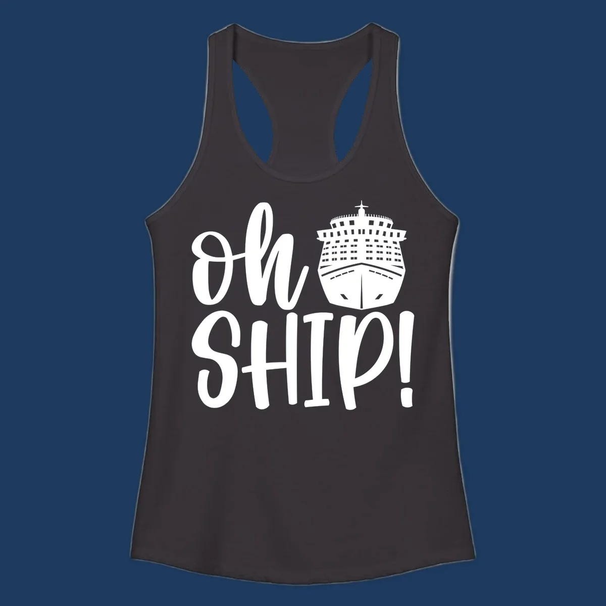 White ow ship cruise pun design featuring bold text and detailed cruise ship illustration on gray background