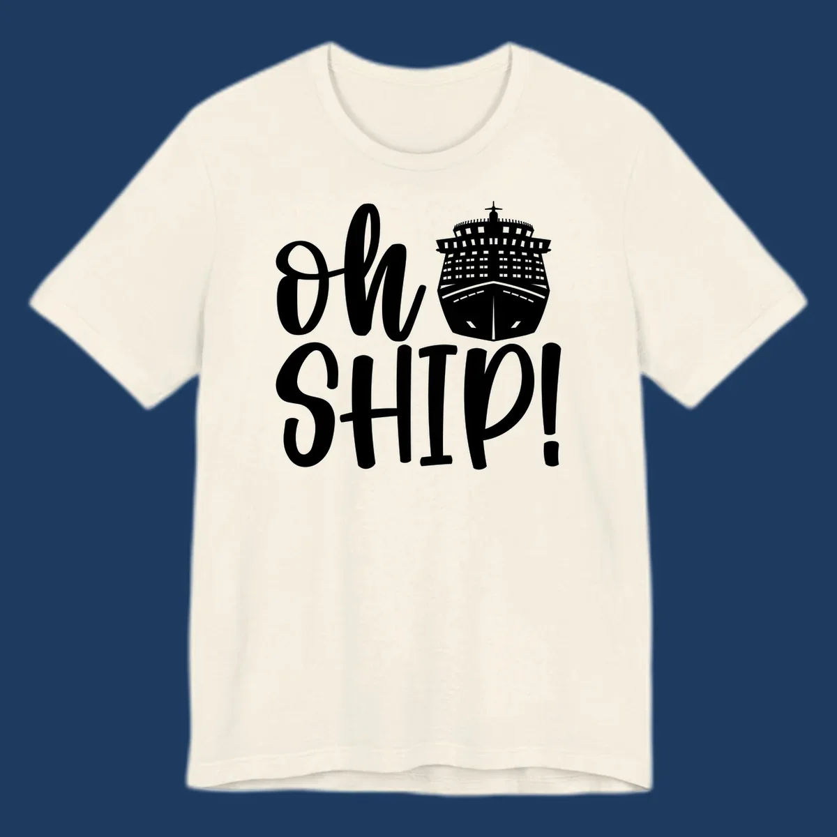 White ow ship cruise pun design featuring bold text and detailed cruise ship illustration on gray background