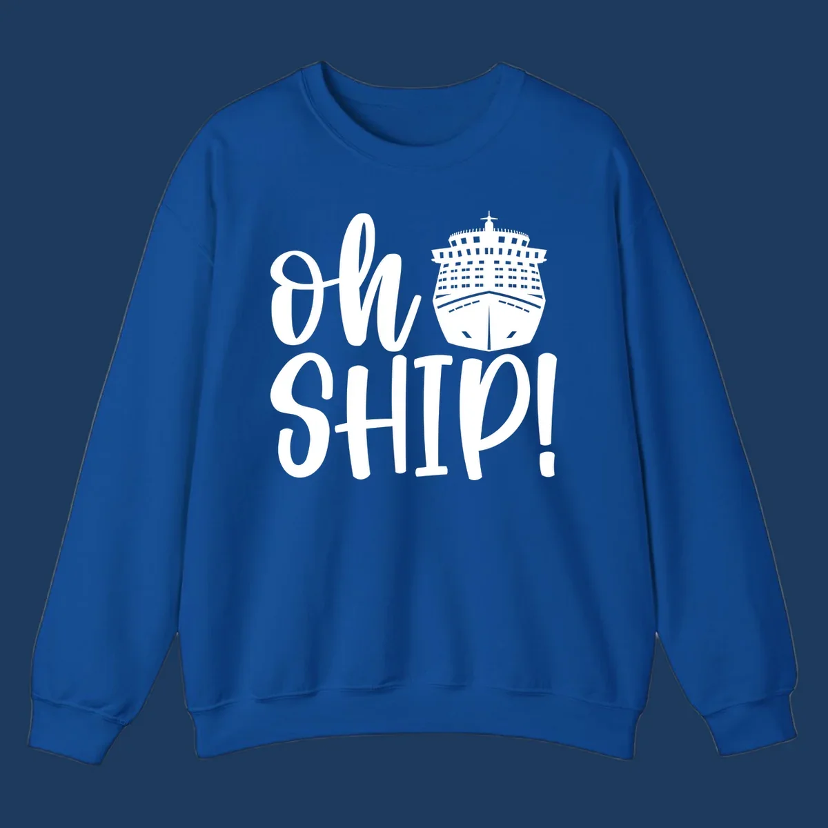 White ow ship cruise pun design featuring bold text and detailed cruise ship illustration on gray background