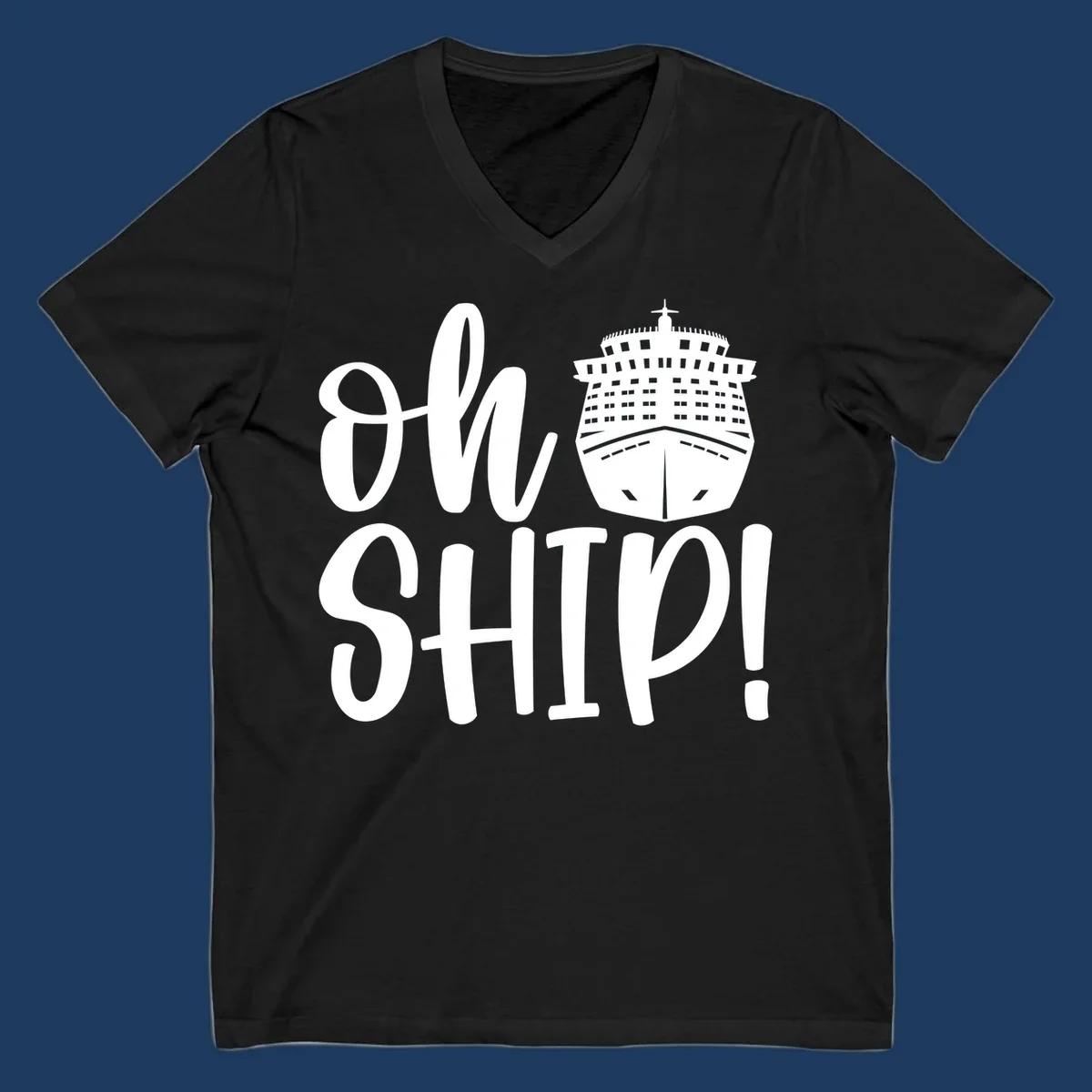 White ow ship cruise pun design featuring bold text and detailed cruise ship illustration on gray background