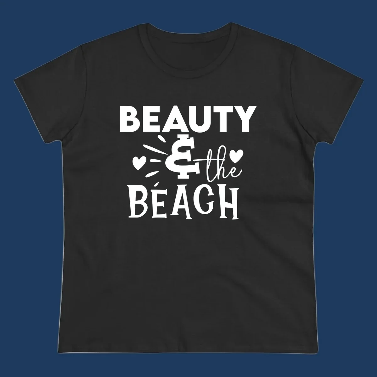 White text design reading 'Beauty & The Beach' with dollar sign symbol and heart decorations on gray background