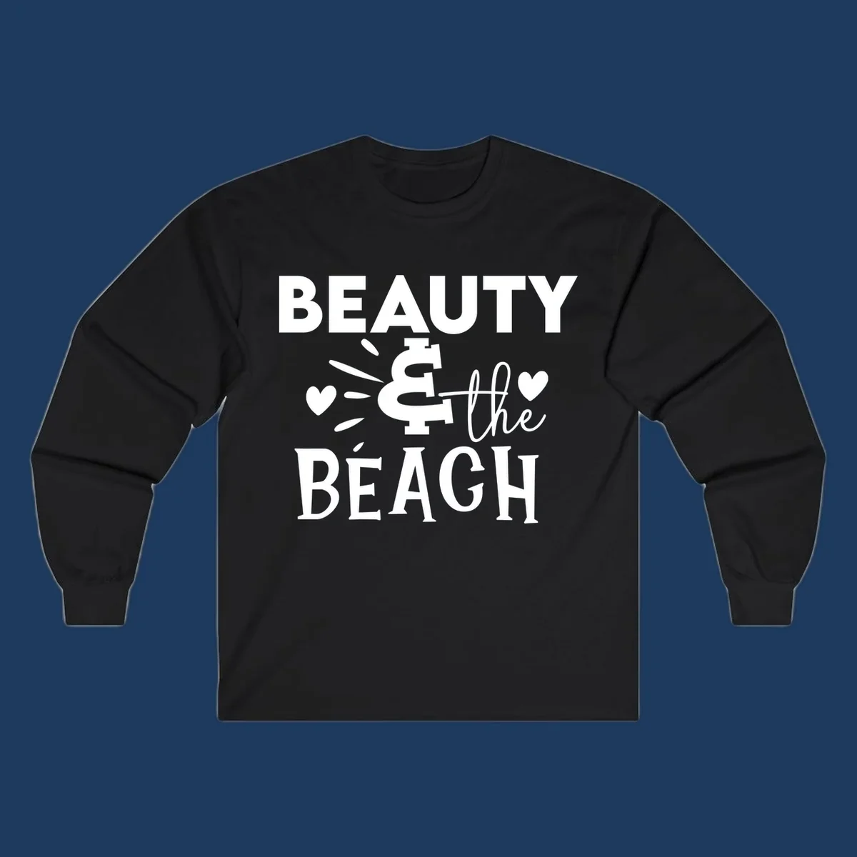 White text design reading 'Beauty & The Beach' with dollar sign symbol and heart decorations on gray background
