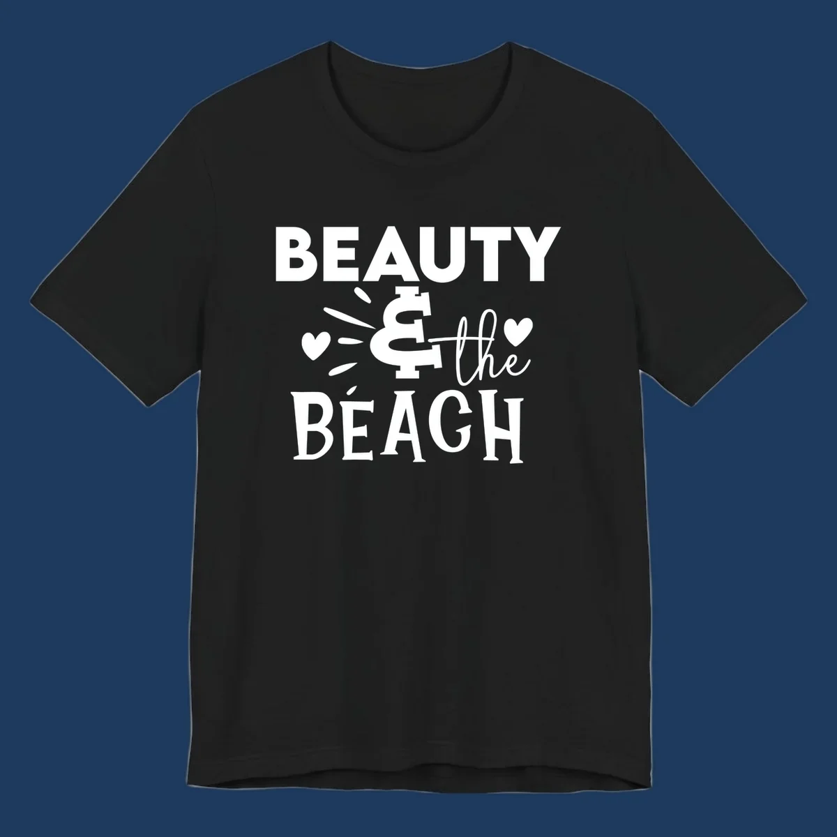 White text design reading 'Beauty & The Beach' with dollar sign symbol and heart decorations on gray background