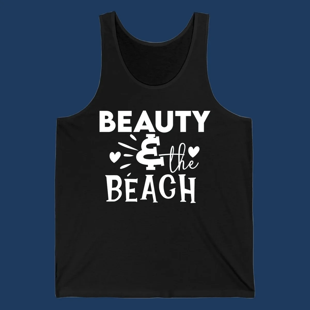 White text design reading 'Beauty & The Beach' with dollar sign symbol and heart decorations on gray background
