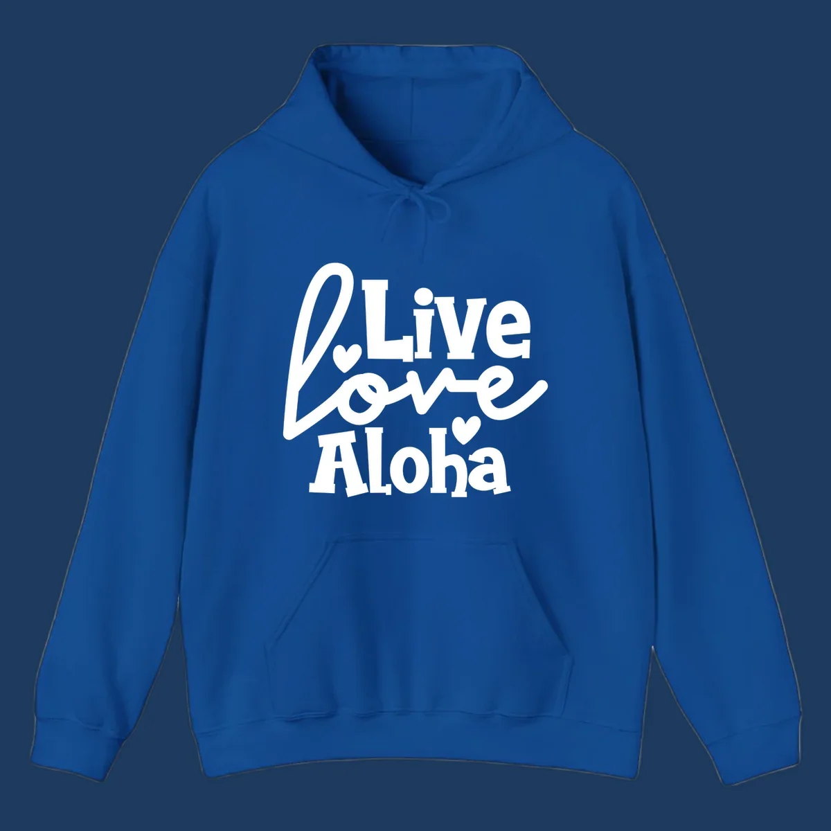 White decorative text reading "Live Love Aloha" with hearts on gray background, island-inspired cruise design