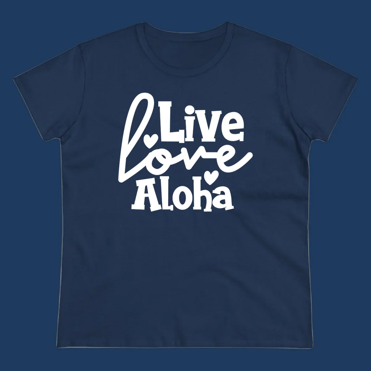 White decorative text reading "Live Love Aloha" with hearts on gray background, island-inspired cruise design