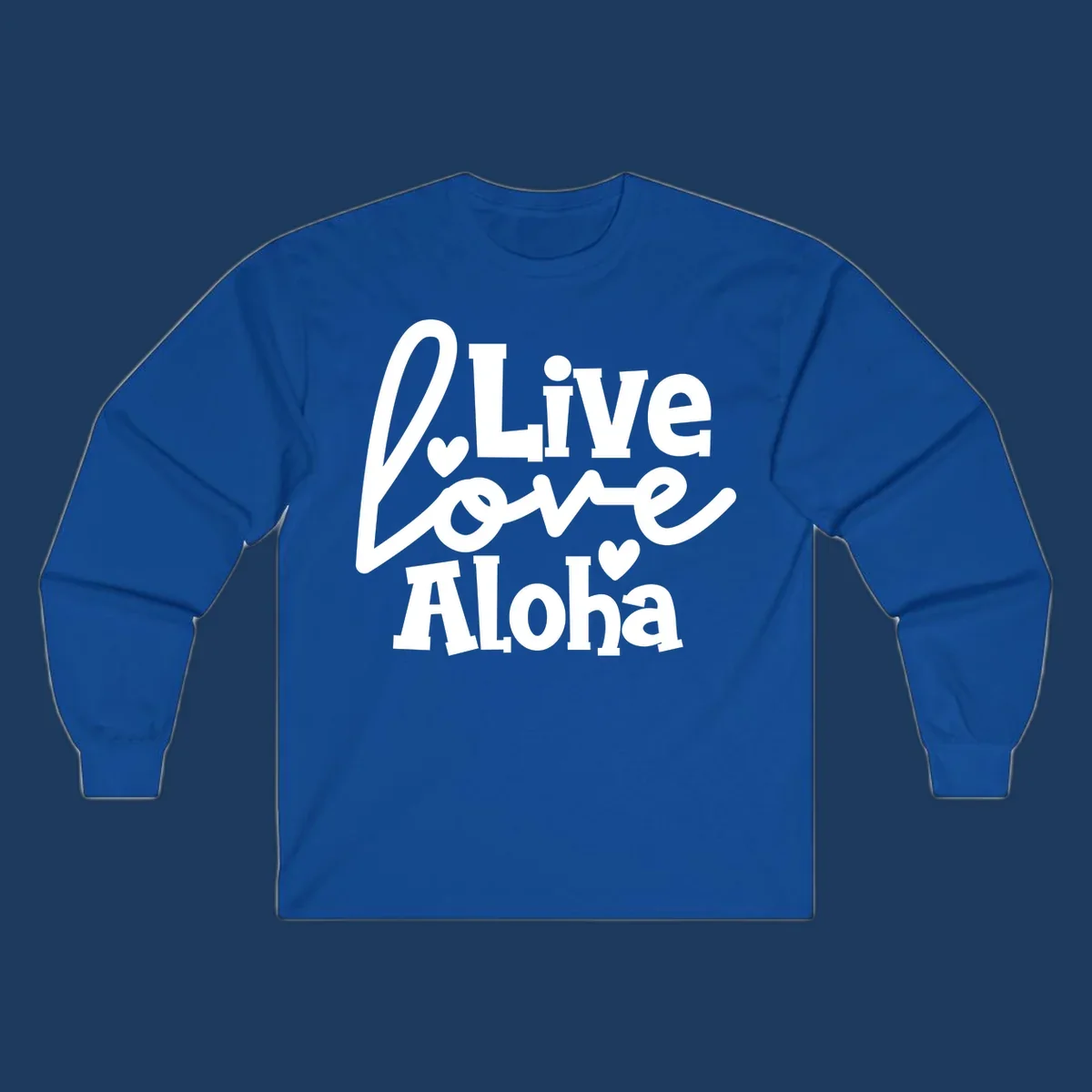 White decorative text reading "Live Love Aloha" with hearts on gray background, island-inspired cruise design