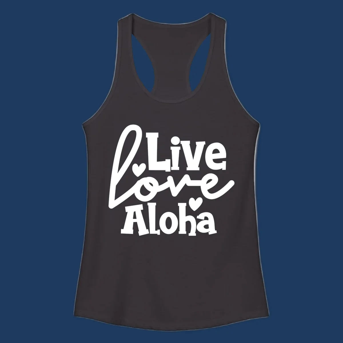 White decorative text reading "Live Love Aloha" with hearts on gray background, island-inspired cruise design