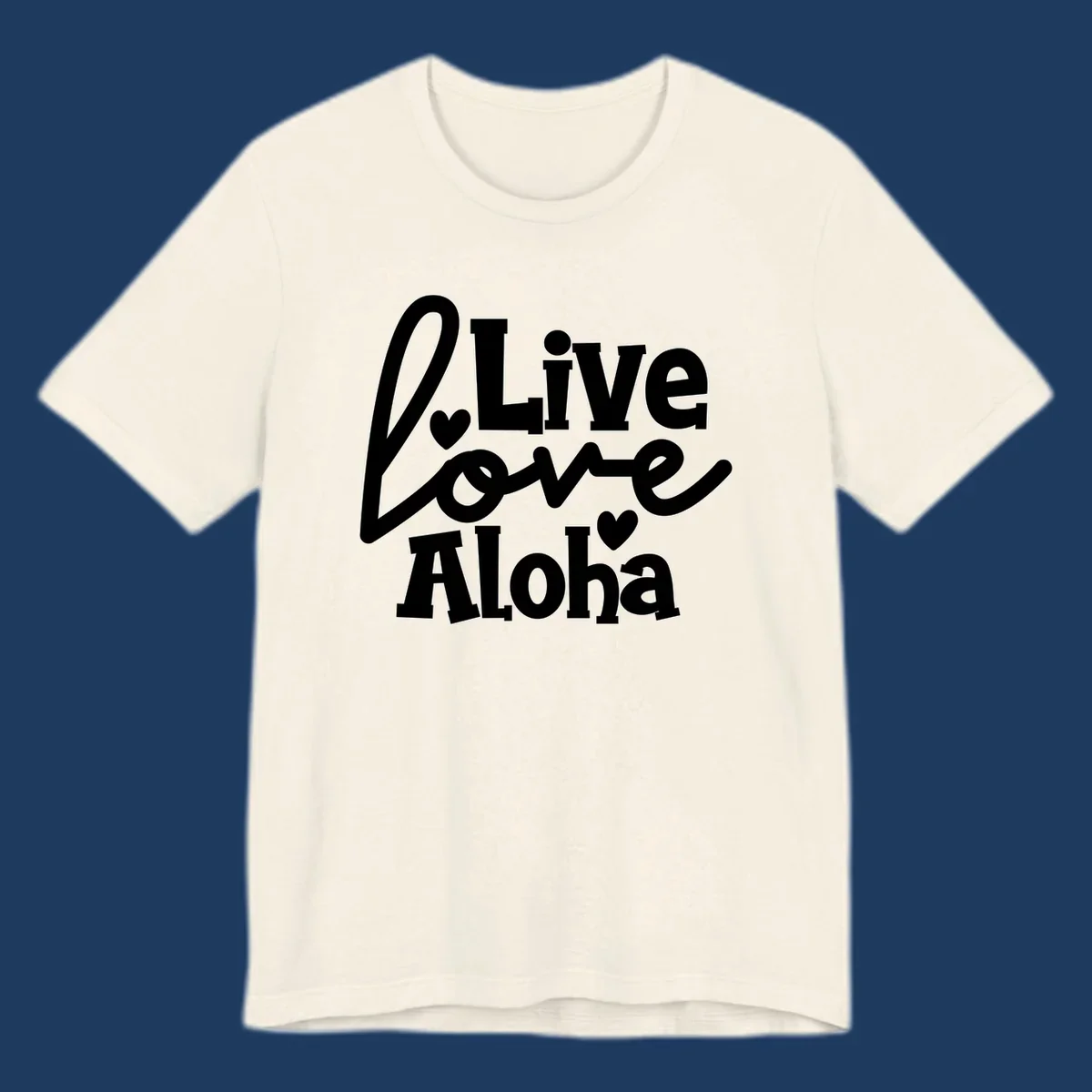 White decorative text reading "Live Love Aloha" with hearts on gray background, island-inspired cruise design