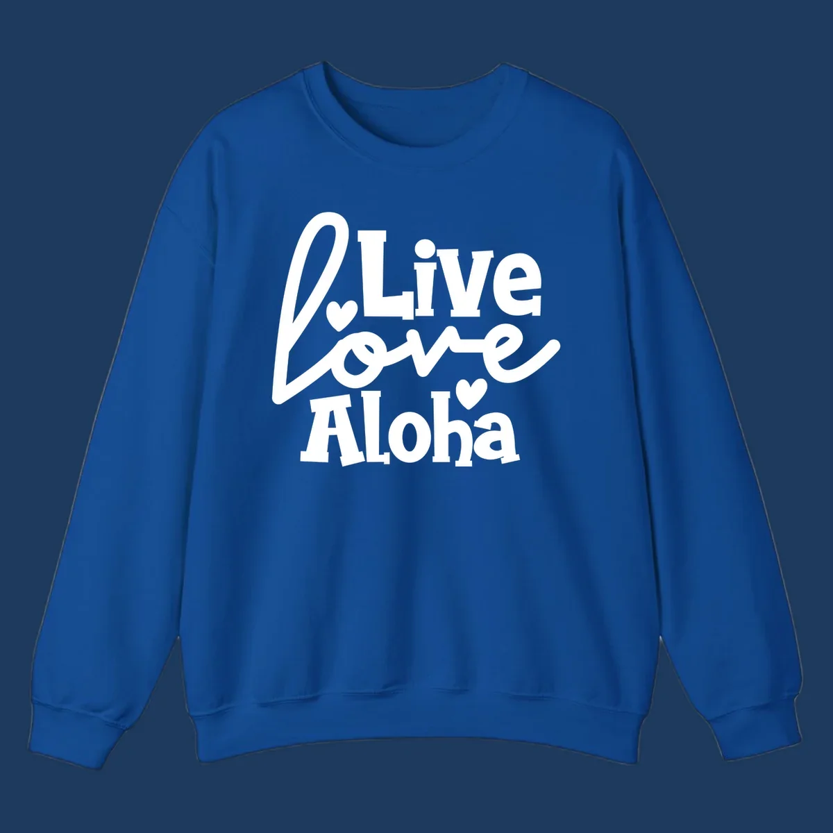 White decorative text reading "Live Love Aloha" with hearts on gray background, island-inspired cruise design