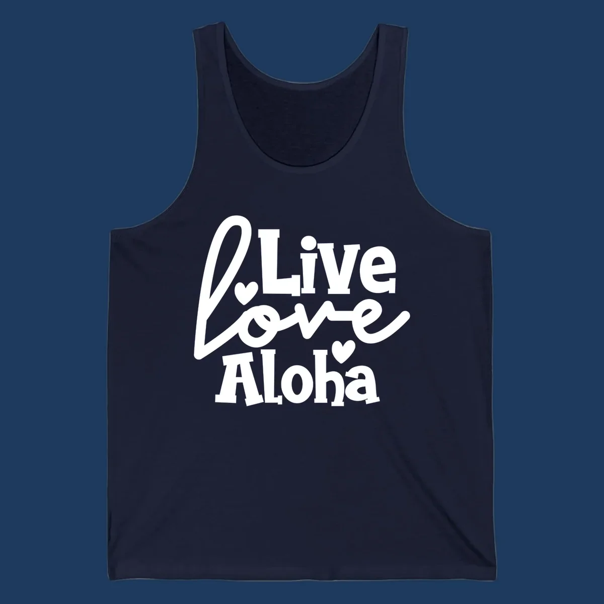 White decorative text reading "Live Love Aloha" with hearts on gray background, island-inspired cruise design