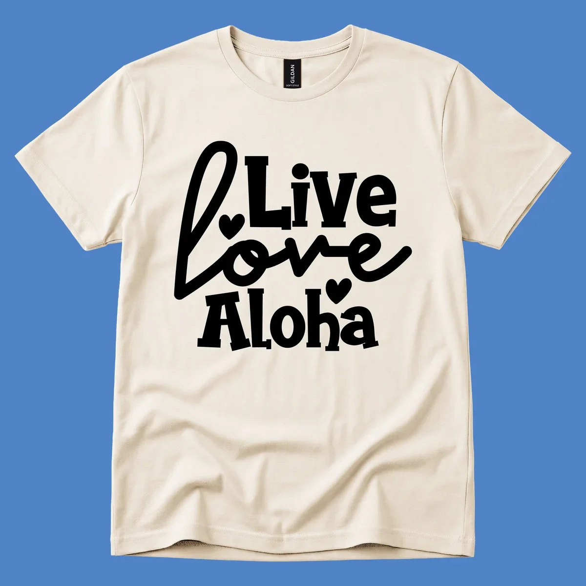 White decorative text reading "Live Love Aloha" with hearts on gray background, island-inspired cruise design