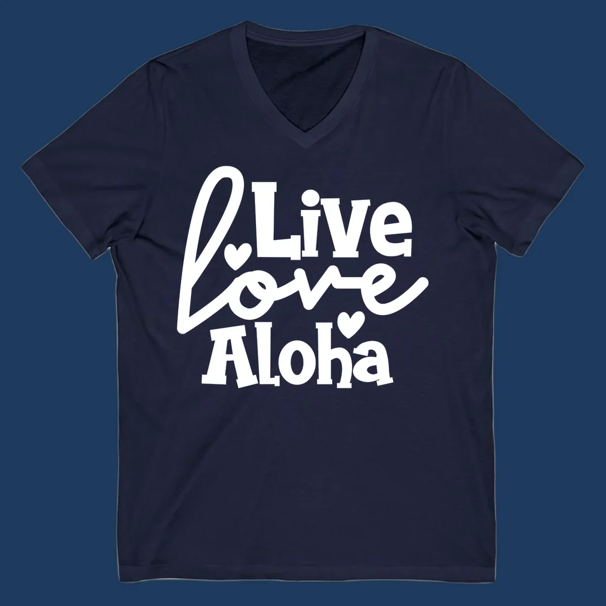 White decorative text reading "Live Love Aloha" with hearts on gray background, island-inspired cruise design