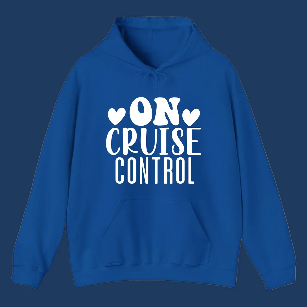 White text reading 'ON CRUISE CONTROL' with heart decorations on gray background, playful cruise vacation design
