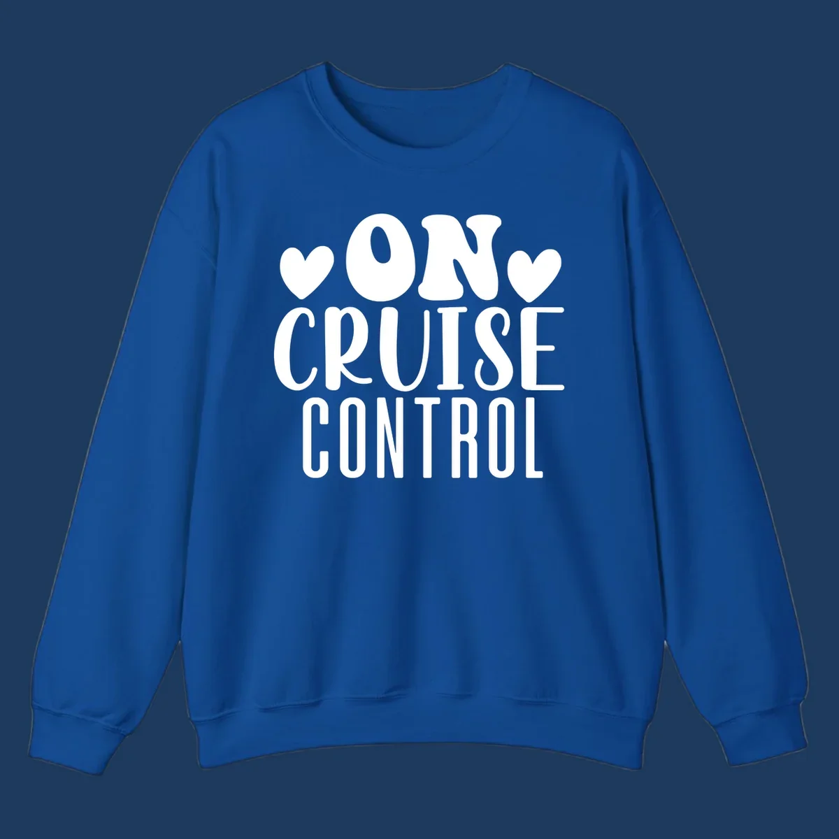 White text reading 'ON CRUISE CONTROL' with heart decorations on gray background, playful cruise vacation design