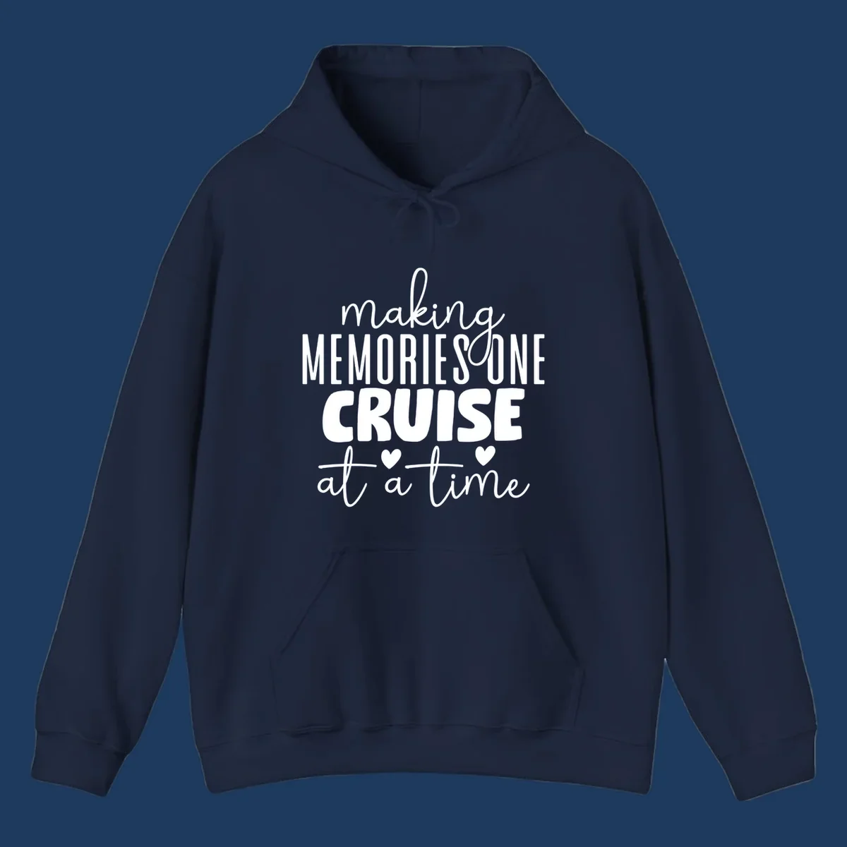 White text on gray background reading 'Making Memories One Cruise At A Time' with decorative hearts and flourishes for cruise vacation apparel