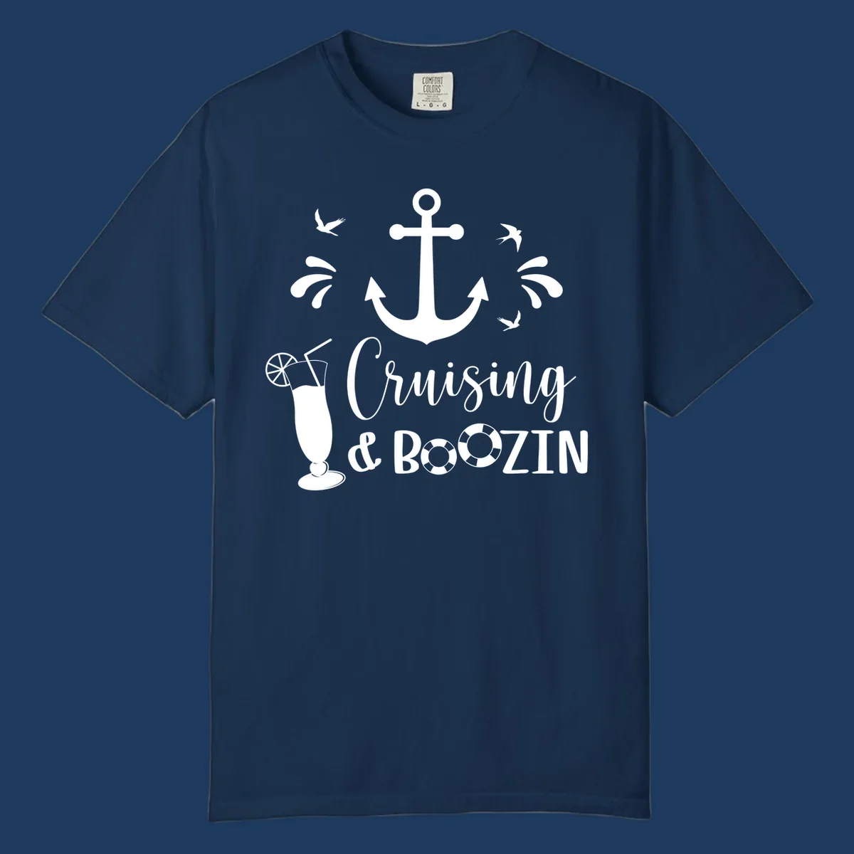 Cruising and boozin anchor design with nautical elements, cocktail, and seabirds on gray background