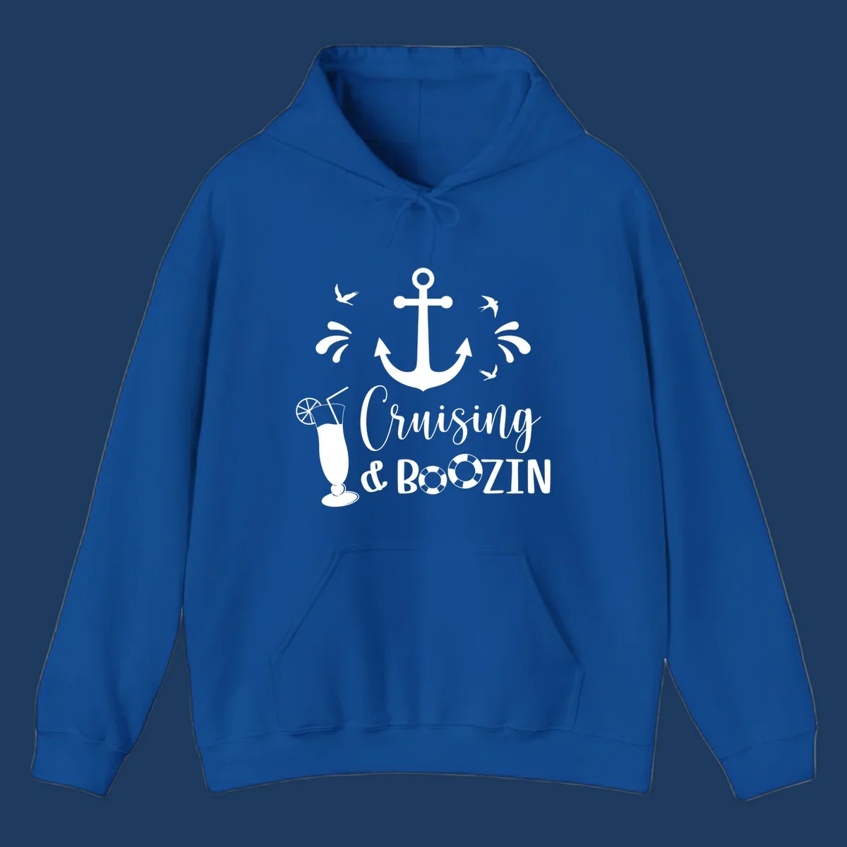 Cruising and boozin anchor design with nautical elements, cocktail, and seabirds on gray background