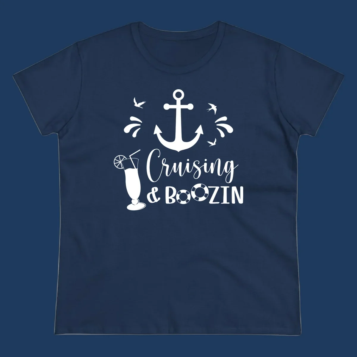 Cruising and boozin anchor design with nautical elements, cocktail, and seabirds on gray background