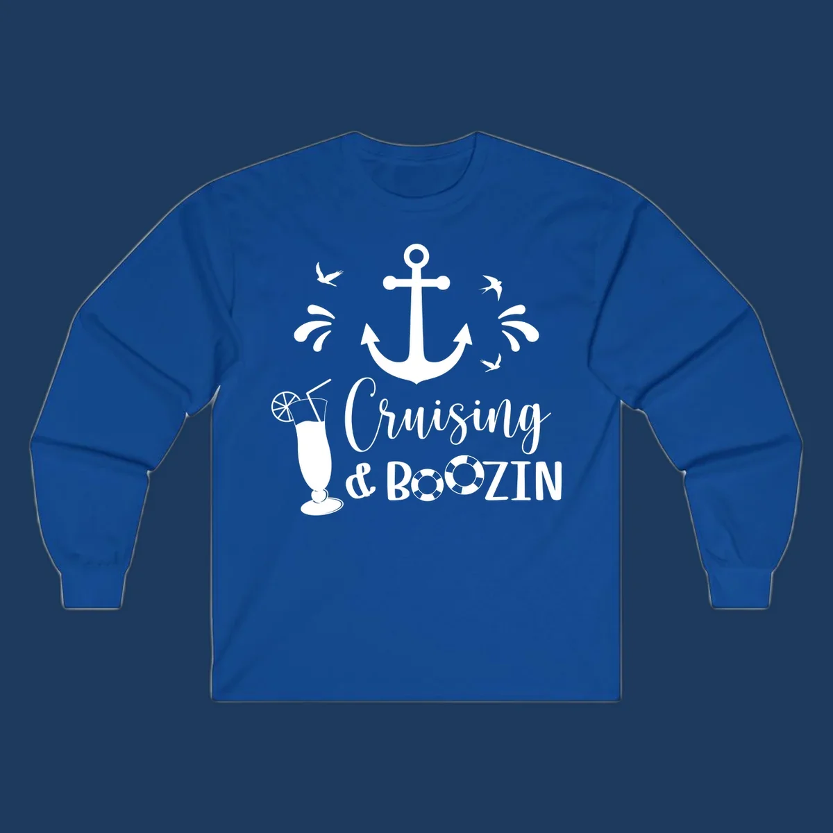 Cruising and boozin anchor design with nautical elements, cocktail, and seabirds on gray background
