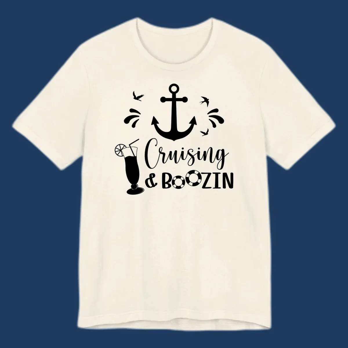 Cruising and boozin anchor design with nautical elements, cocktail, and seabirds on gray background