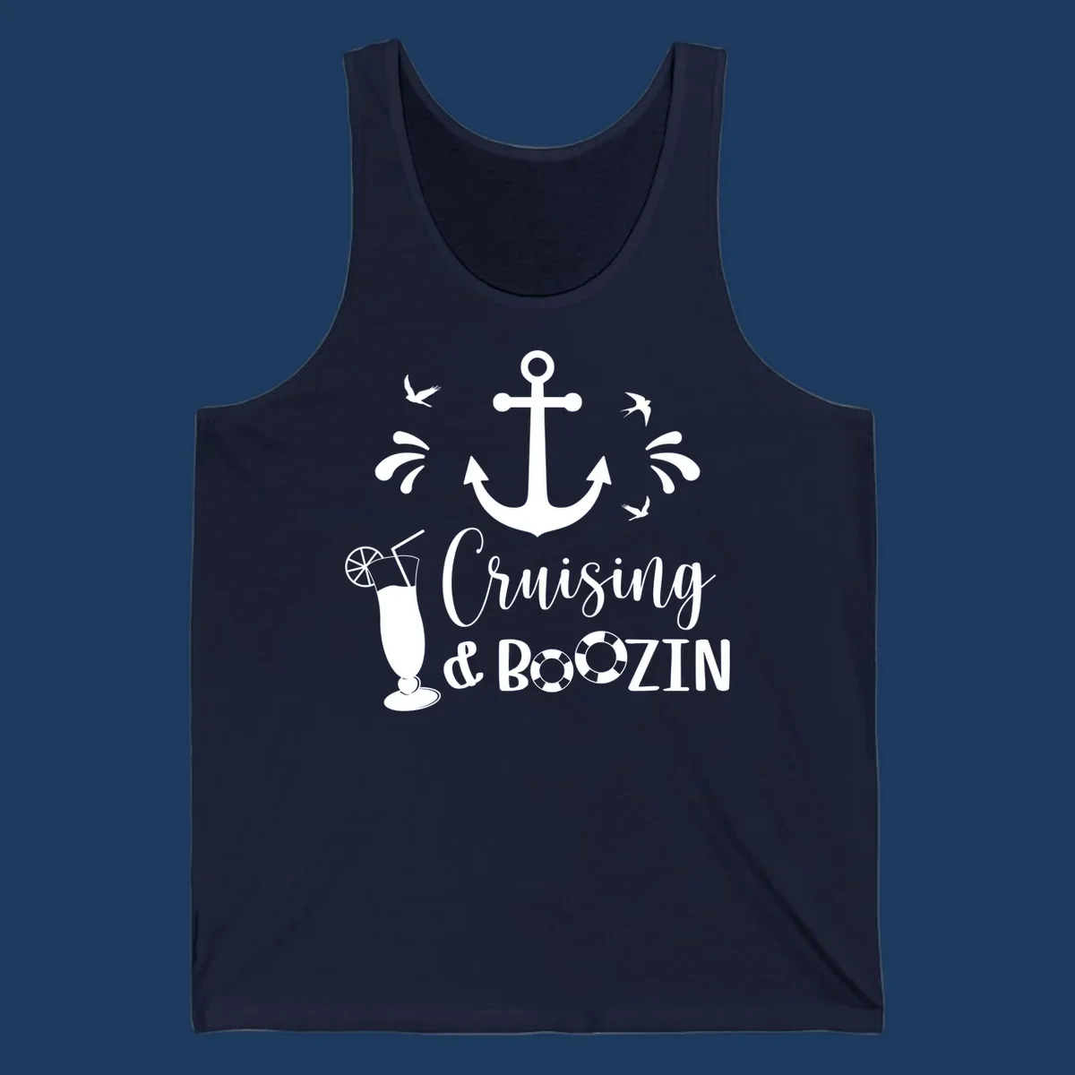 Cruising and boozin anchor design with nautical elements, cocktail, and seabirds on gray background