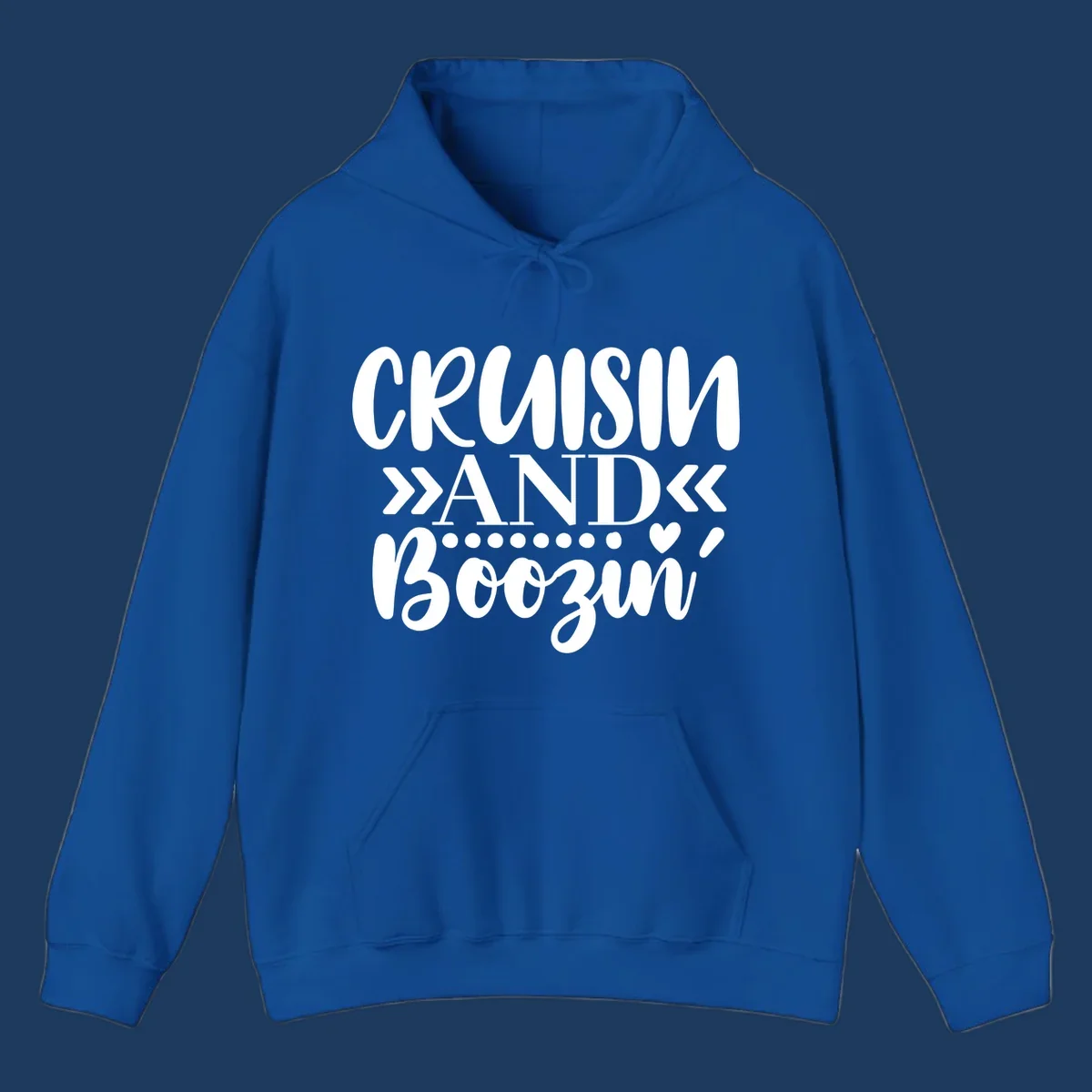 White text on gray background reading 'CRUISIN' AND BOOZING' with decorative chevron arrows and heart symbol