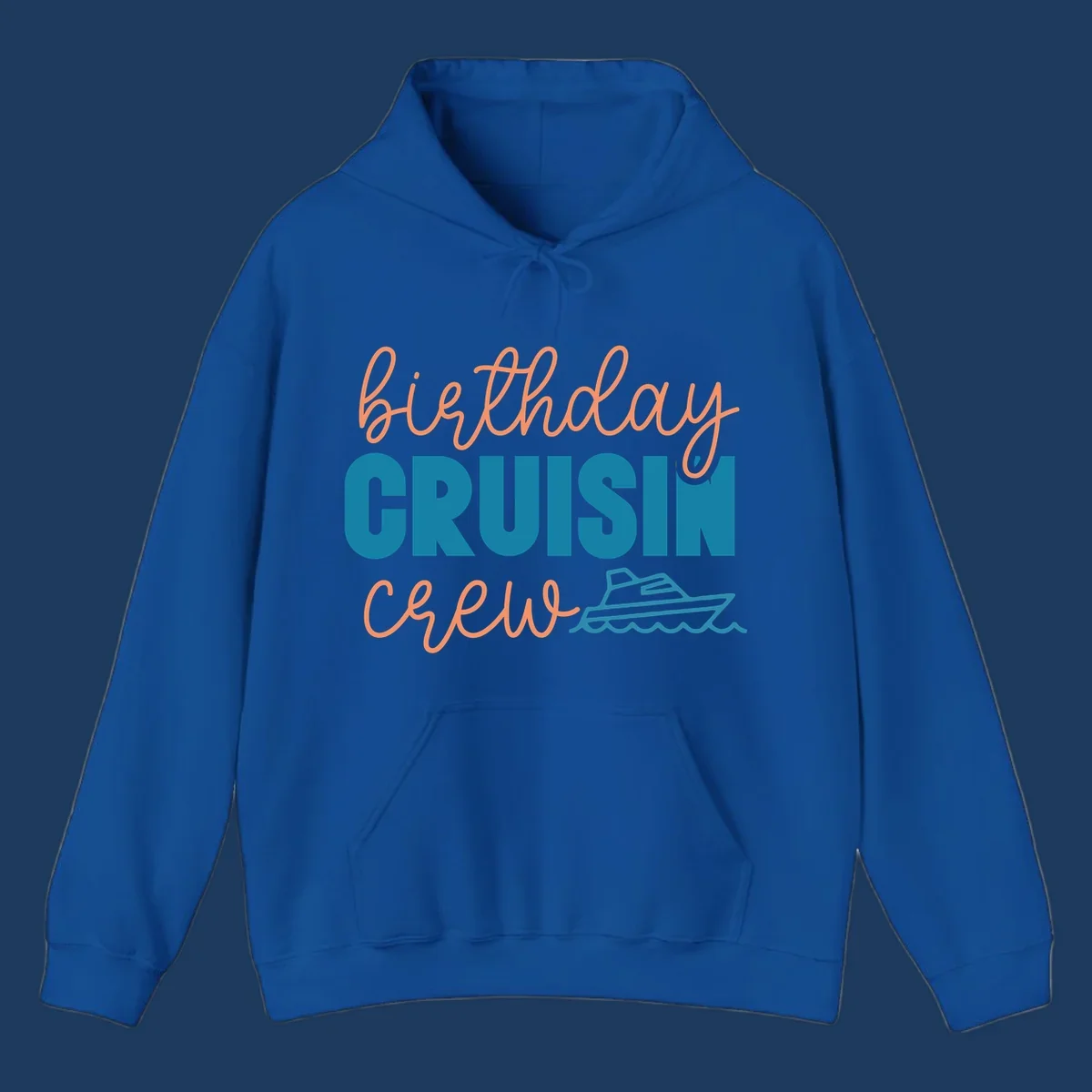 Birthday crushin crew design with coral script text, teal ship illustration, and ocean waves on gray background
