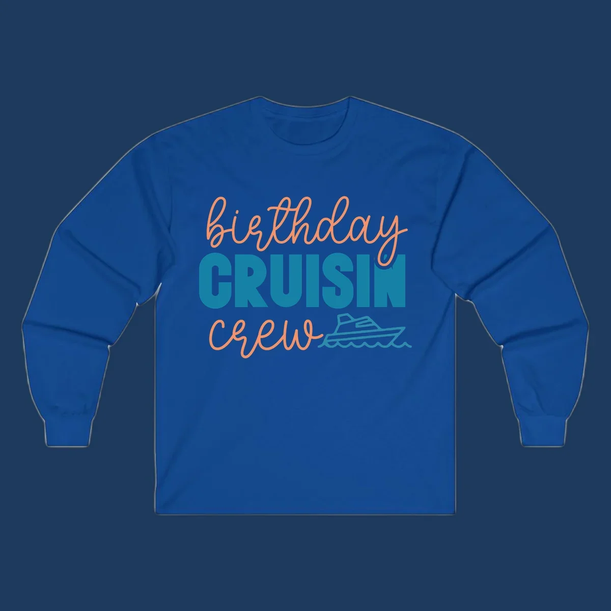Birthday crushin crew design with coral script text, teal ship illustration, and ocean waves on gray background