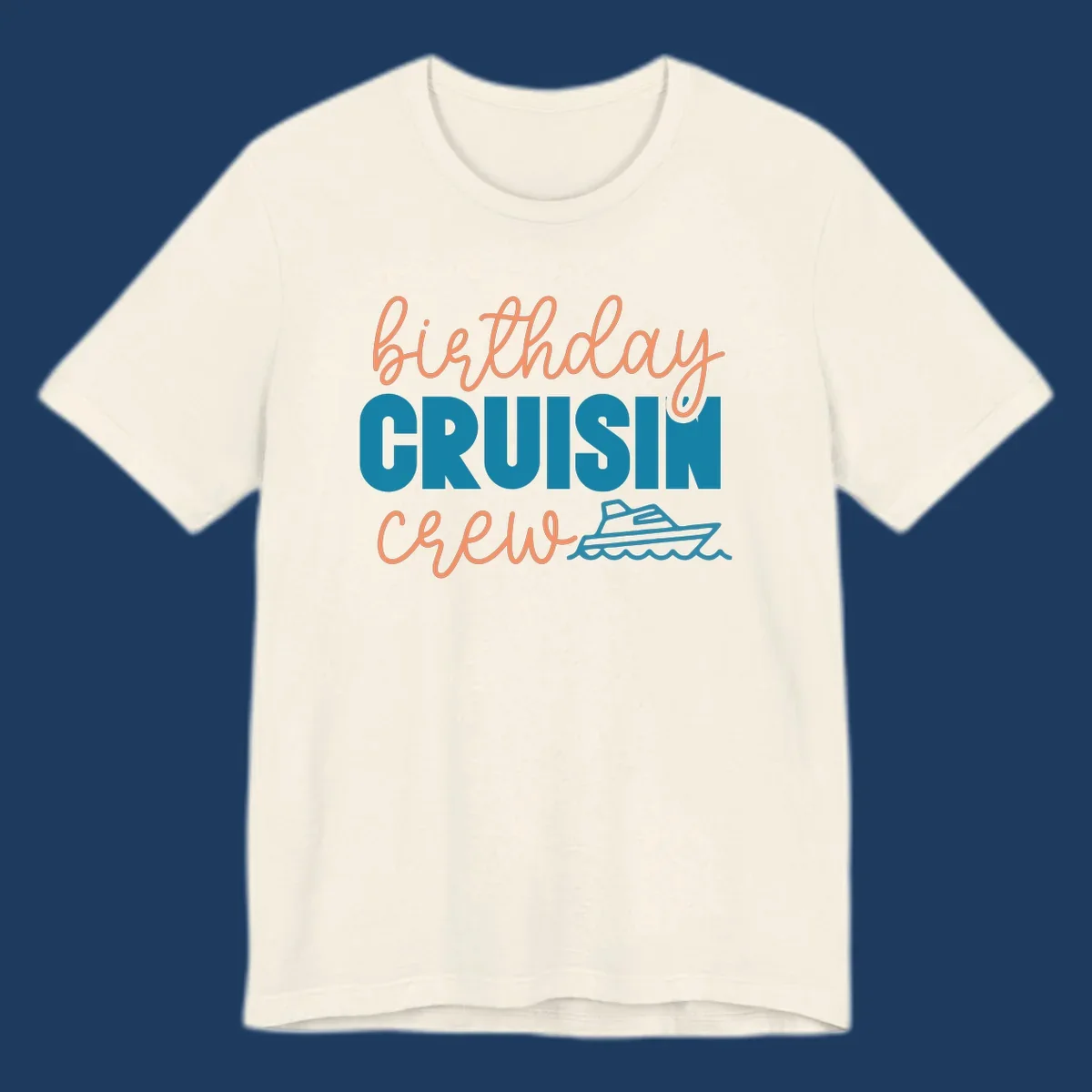 Birthday crushin crew design with coral script text, teal ship illustration, and ocean waves on gray background