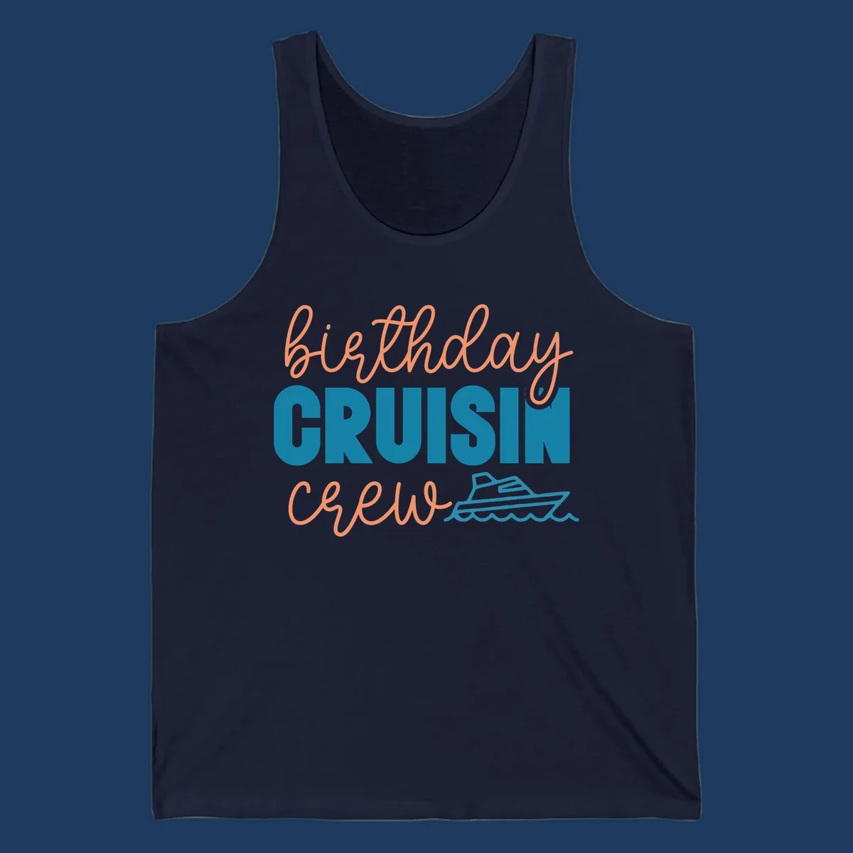 Birthday crushin crew design with coral script text, teal ship illustration, and ocean waves on gray background