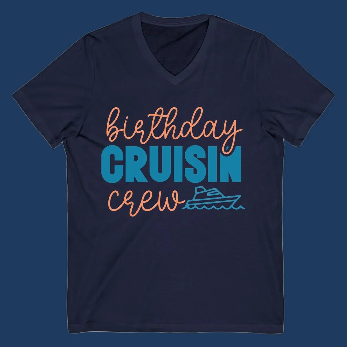 Birthday crushin crew design with coral script text, teal ship illustration, and ocean waves on gray background