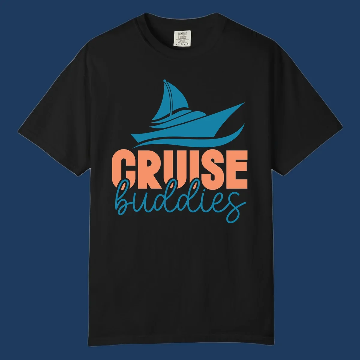 Teal cruise ship with wave details above coral and teal 'CRUISE buddies' text design