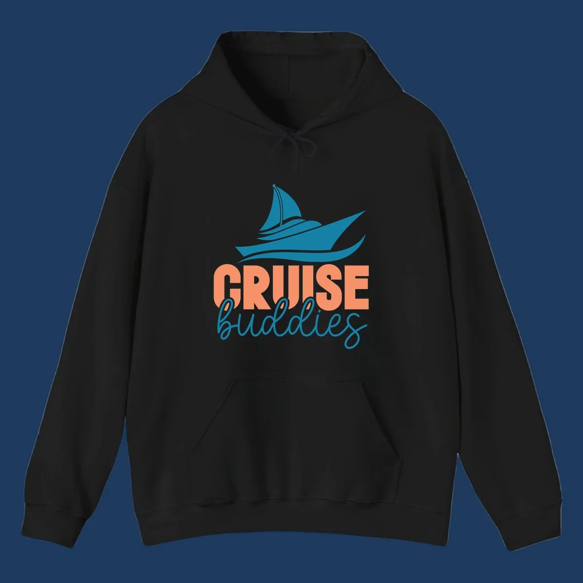 Teal cruise ship with wave details above coral and teal 'CRUISE buddies' text design