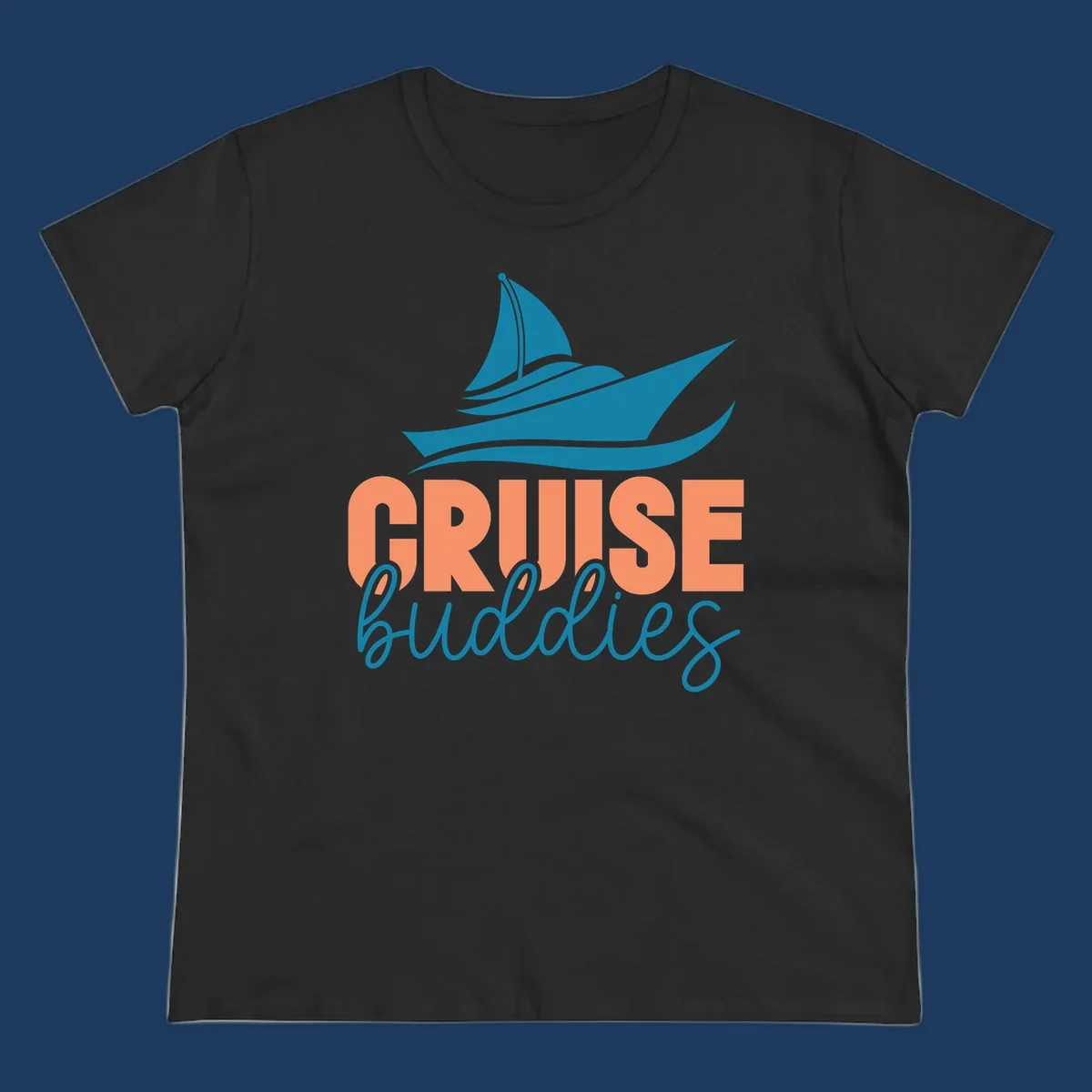 Teal cruise ship with wave details above coral and teal 'CRUISE buddies' text design