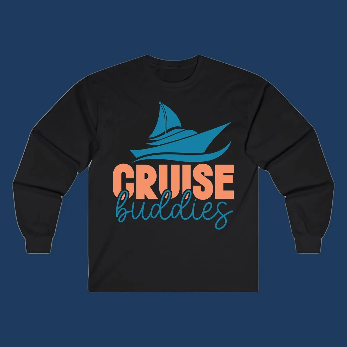 Teal cruise ship with wave details above coral and teal 'CRUISE buddies' text design