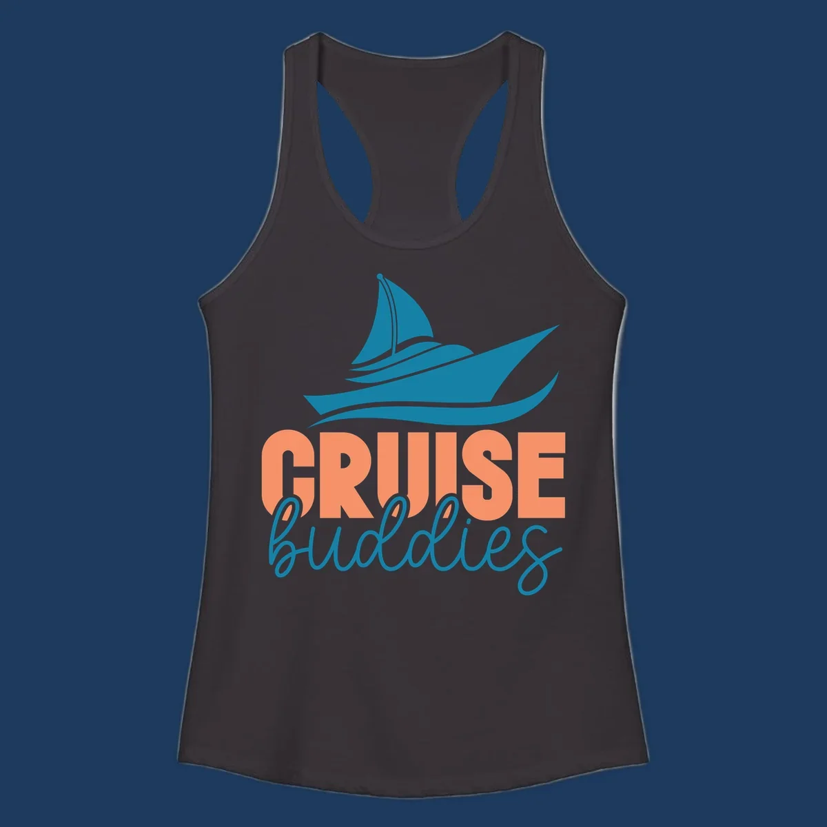 Teal cruise ship with wave details above coral and teal 'CRUISE buddies' text design