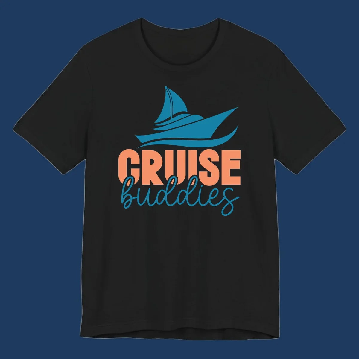 Teal cruise ship with wave details above coral and teal 'CRUISE buddies' text design