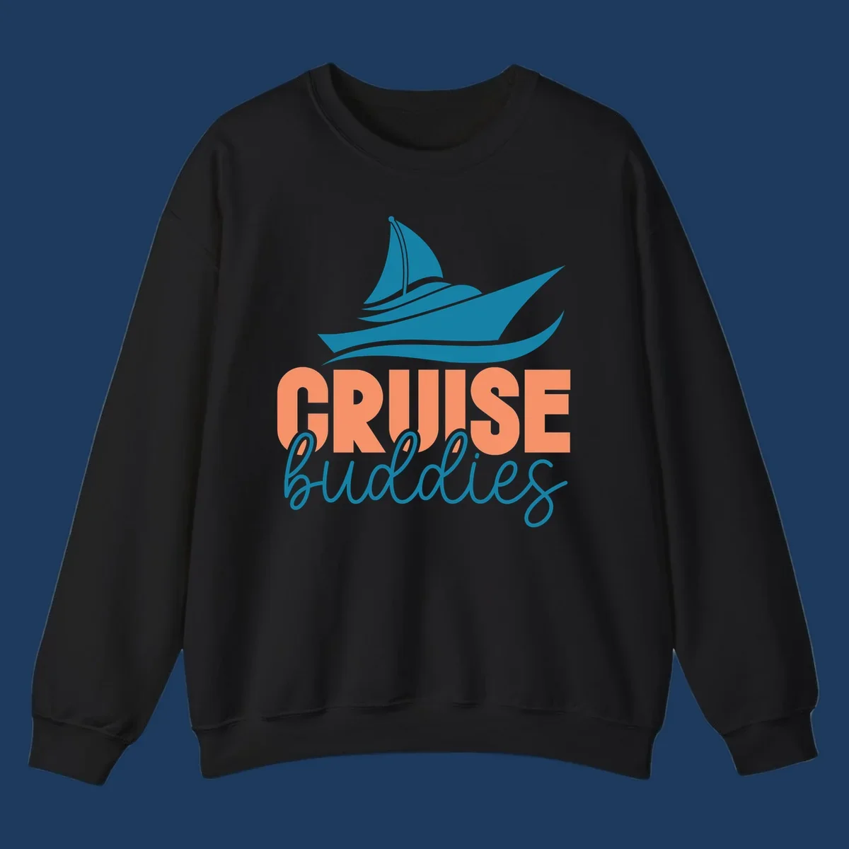 Teal cruise ship with wave details above coral and teal 'CRUISE buddies' text design