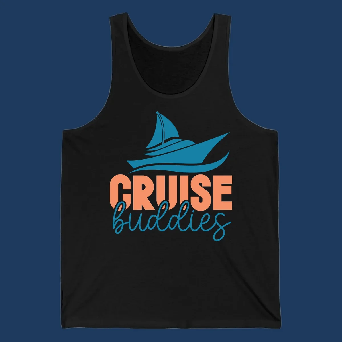 Teal cruise ship with wave details above coral and teal 'CRUISE buddies' text design